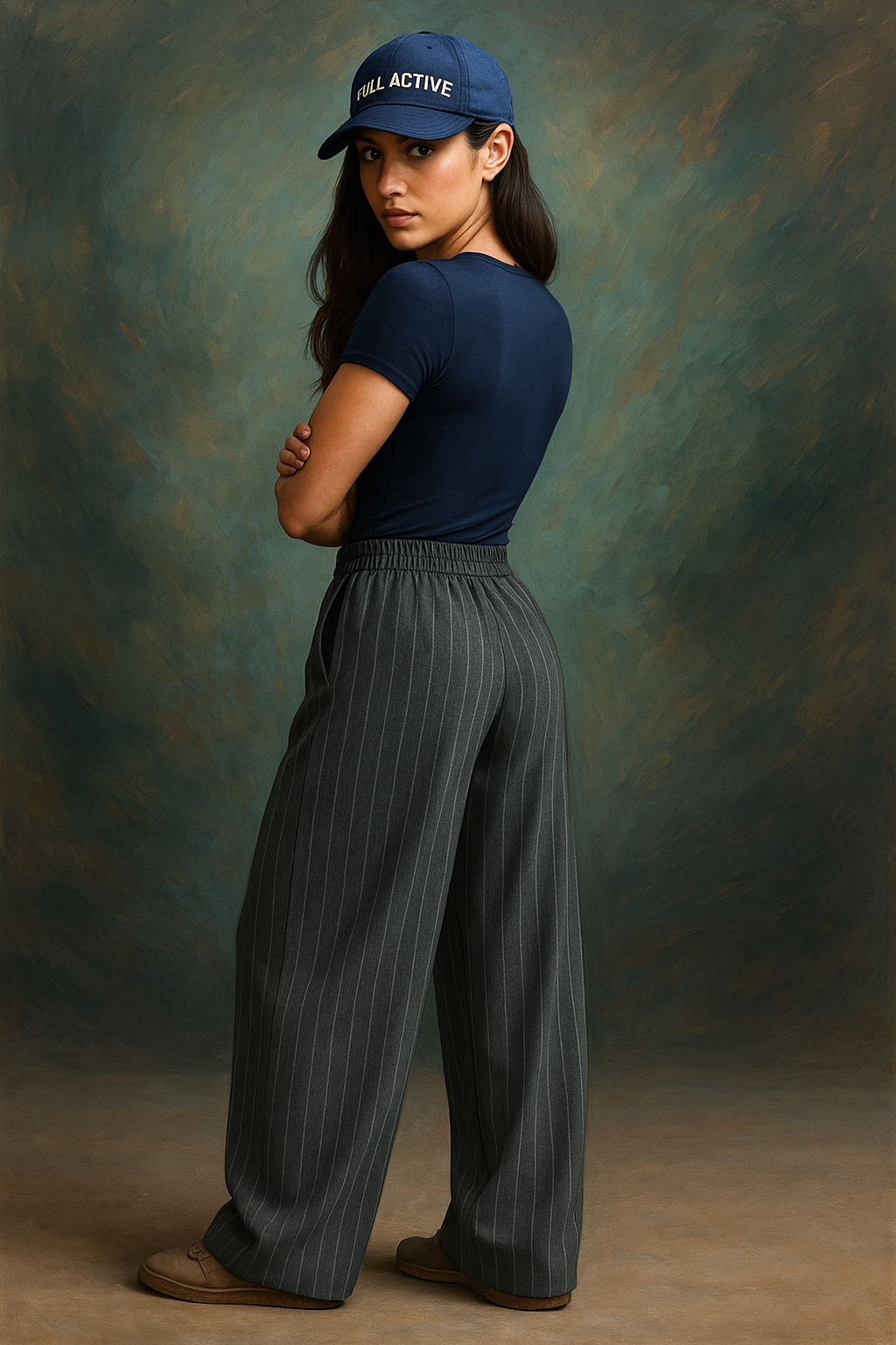 Charcoal Grey Stripe Drawstring Wide Leg Trousers