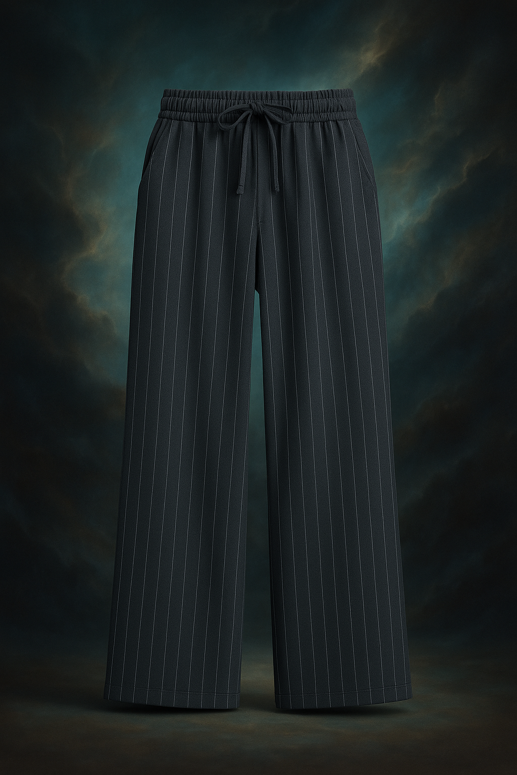 Charcoal Grey Stripe Drawstring Wide Leg Trousers