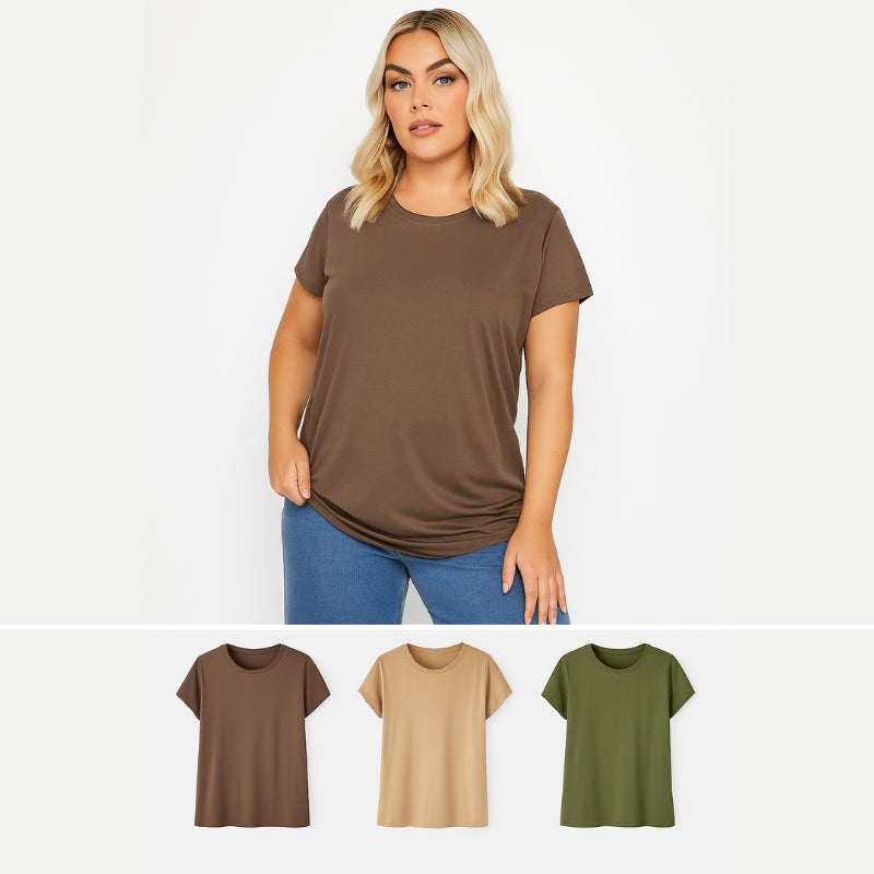 YOURS Curve Everyday Tees – 3-Pack Neutral & Green Shades